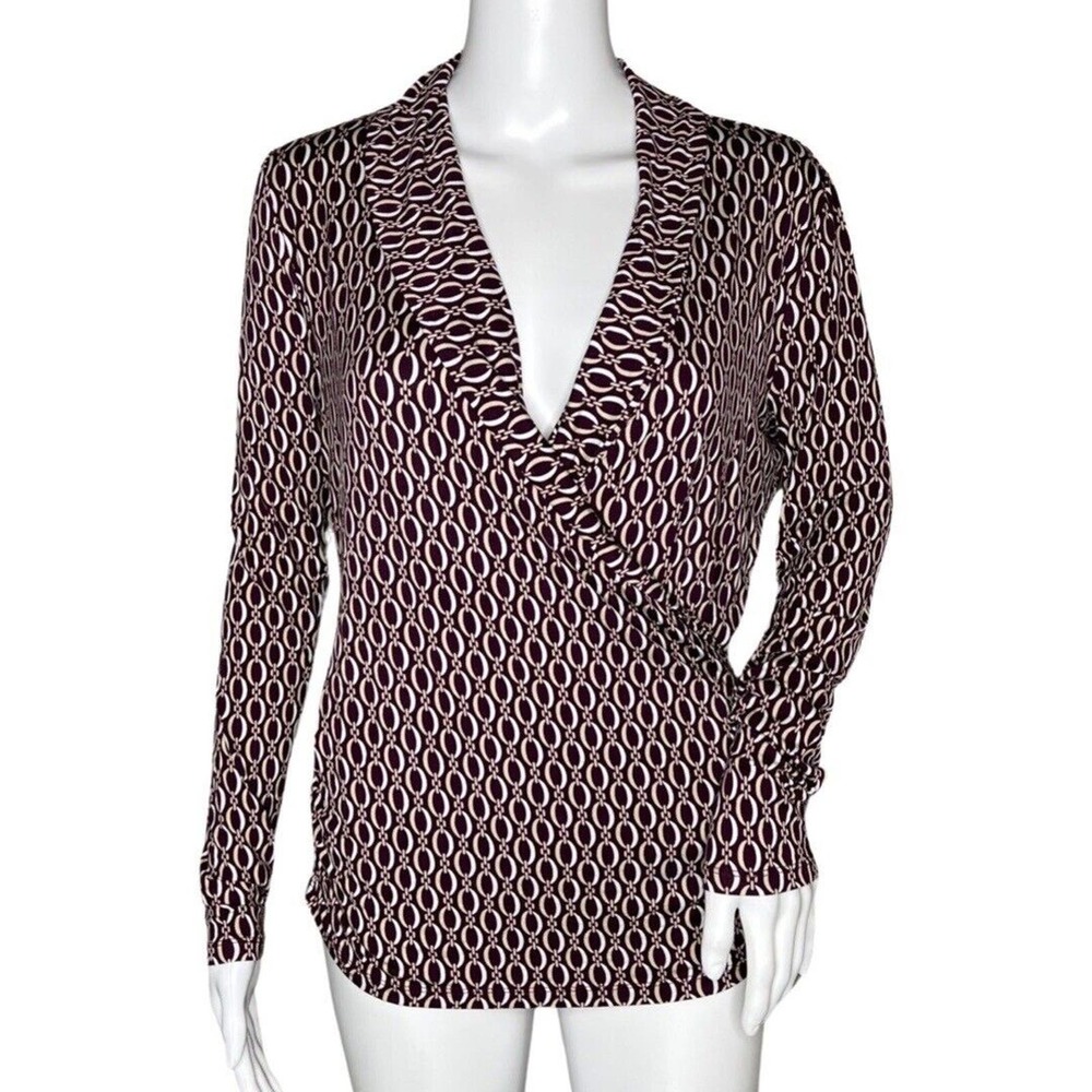 Ann Taylor‎ Shirt Womens Medium Purple Cream Geometric Surplice Office Preppy